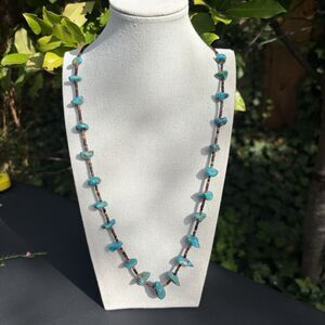 Vintage Turquoise Nugget and Heishi Beaded Necklace Sterling Silver Clasp 28”